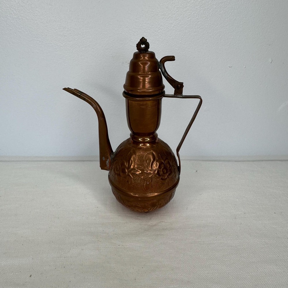 Vintage Copper Mini Tea Pot Embossed Floral Decorative Kettle Farmhouse Antique